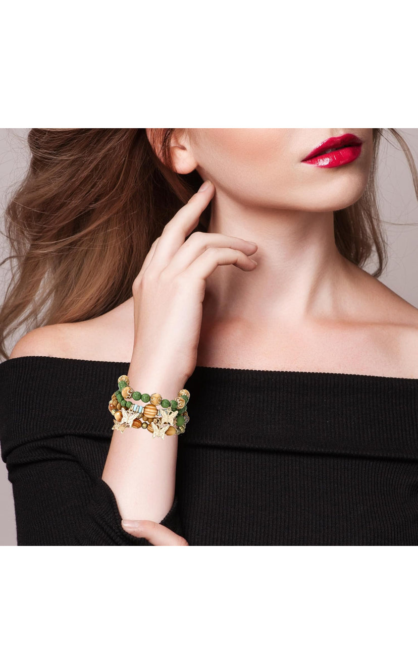 Butterfly Bracelet - Green and Wood Beads