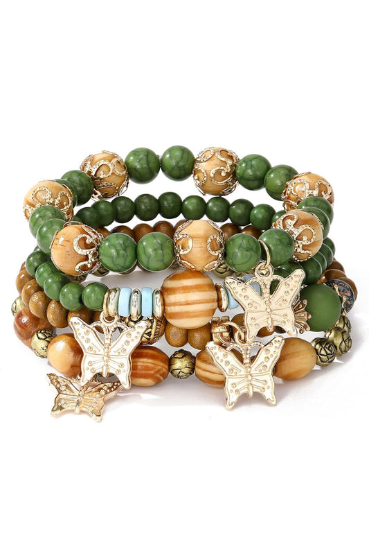 Butterfly Bracelet - Green and Wood Beads