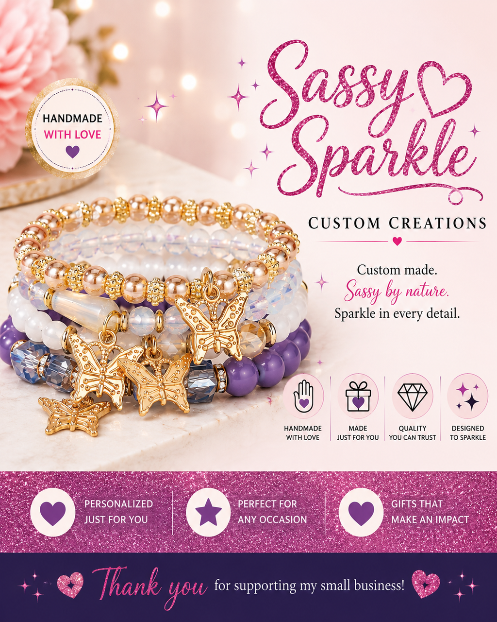 Butterfly Bracelet - Gold, White, and Purple