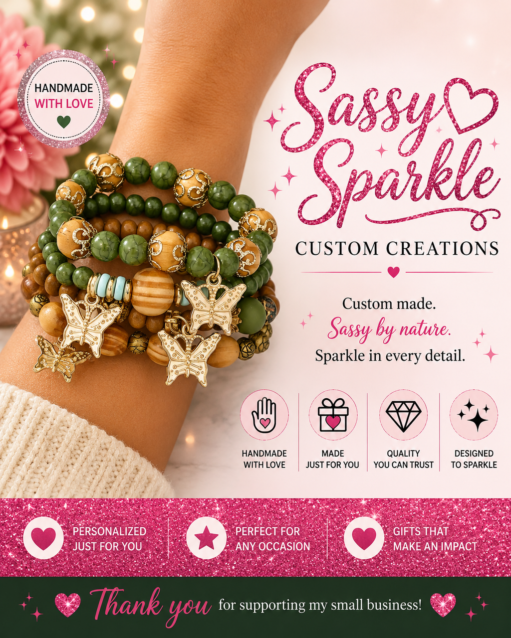 Butterfly Bracelet - Green and Wood Beads