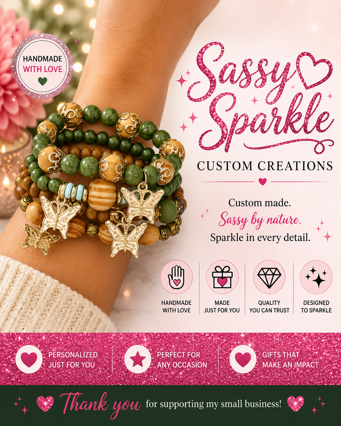 Butterfly Bracelet - Green and Wood Beads